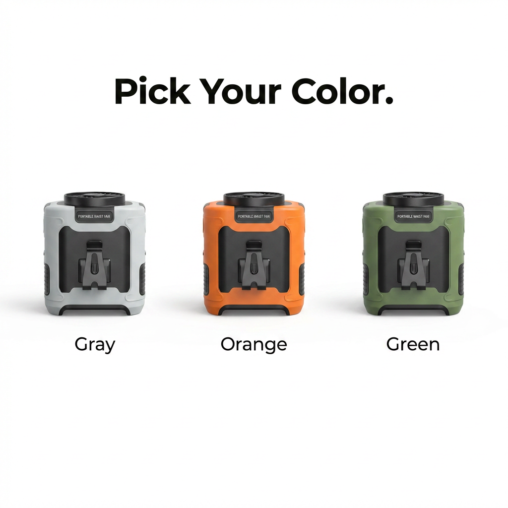 Three color options for a product: gray, orange, and green.